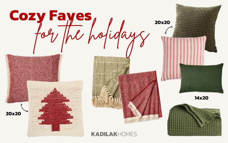 A festive holiday-themed collection titled "Cozy Holiday" from Kadilak Homes, featuring a mix of red, green, and neutral decor pieces perfect for creating a cozy ambiance. The image showcases 20x20 pillows, including a red herringbone pattern pillow and a cream pillow with a red Christmas tree design, alongside a 14x20 olive green textured pillow and striped red and white pillows. The collection also includes soft, waffle-knit throws in olive green and a red herringbone blanket with fringe. These accents bring warmth and holiday cheer to your home decor.