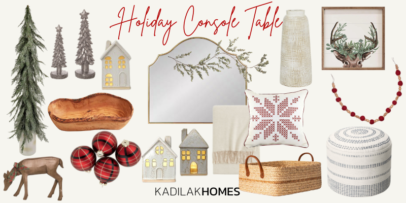 console table decor, christmas decor ideas, holiday console table, holiday entryway, deer print, ceramic christmas houses, live edge olivewood bowl, wool blend throw, snowflake pillow, deer print, vintage garland, vintage ornaments, braided basket, textured pouf, resin christmas trees, resin reindeer, terracotta vase, artificial hgtv tree, target white berry garland