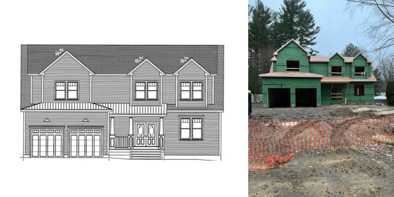 Expanded cape 1 1/2 story home floor plan framed