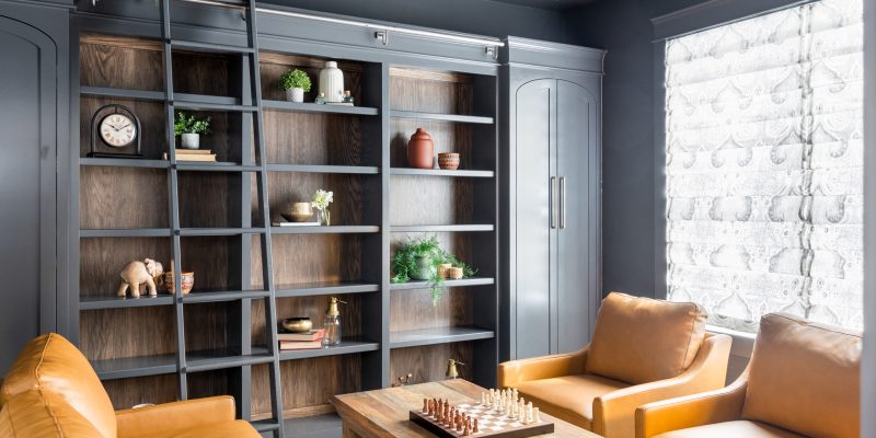 home library ideas, library ladder, benjamin moore cheating heart 1617, minwax toasted barrel stain, coffered ceiling, emtek Alexander pulls