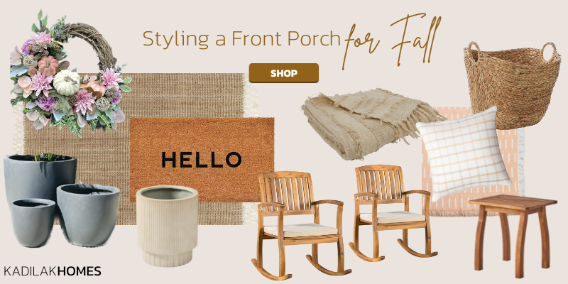 all front porch ideas, dark house with black trim, porch with wood posts, porch with wood columns, hardie plank siding, house with black windows, front porch idea, cozy outdoor seating, pumpkin decor, front door with wreath, fall wreath ideas, set of planters, sitting area, west elm planter, wood outdoor rocking chairs, porch landscaping ideas with barrel, green artiscapes landscaping billerica ma