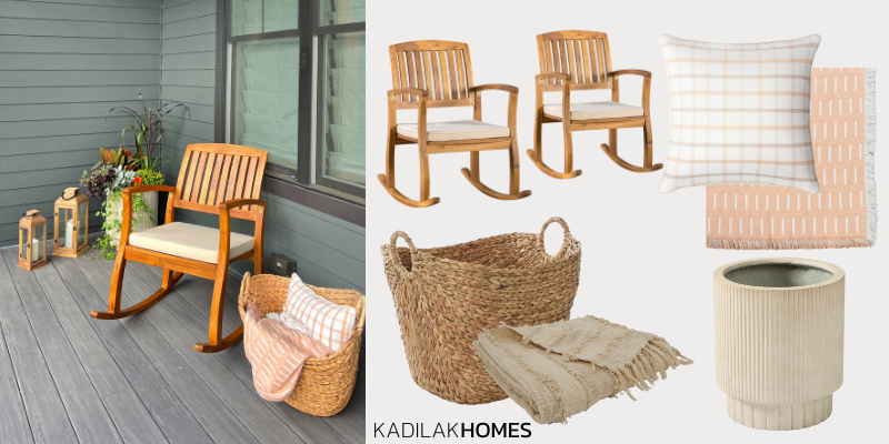 Fall front porch ideas, a sitting area with wooden rocking chairs, soft fall neutrals, and outdoor lanterns.