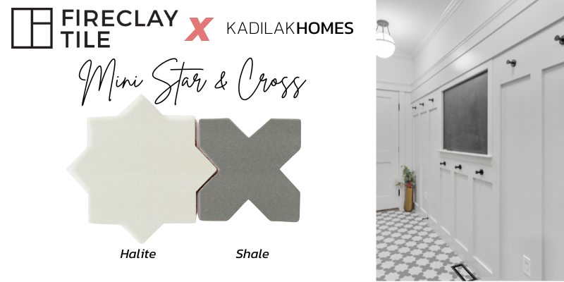 mudroom tile ideas, handmade tiles, mini star and cross tile, fireclay halite, fireclay shale, american made tile, mudroom ideas, mudroom floor, fittes floor vent