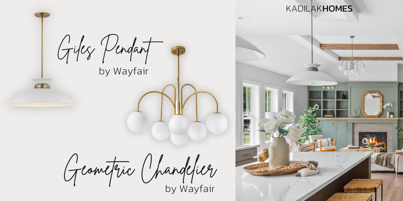 Wayfair giles pendant, wayfair globe geometric mid century modern chandelier, benjamin moore carolina gull, stained wood beams, fireplace built in ideas, kitchen open to living room