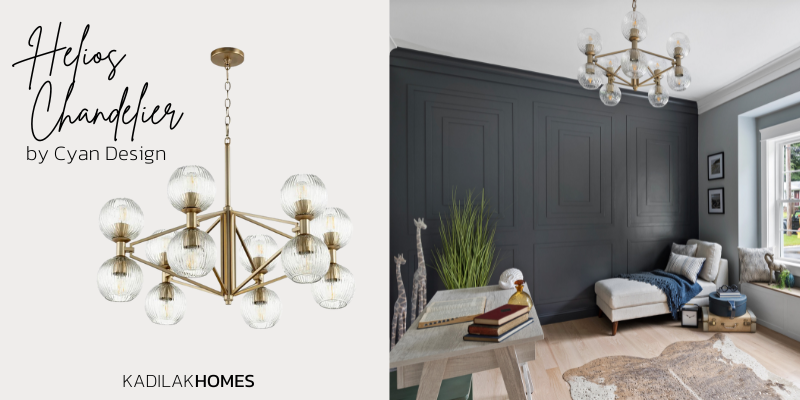 aged brass chandelier, helios chandelier, office lighting ideas, unique office lighting, dramatic office lighting, chandelier ideas, dining room ideas, kitchen pendant ideas, office accent wall ideas, sherwin williams cyberspace, lighting ideas to brighten your space