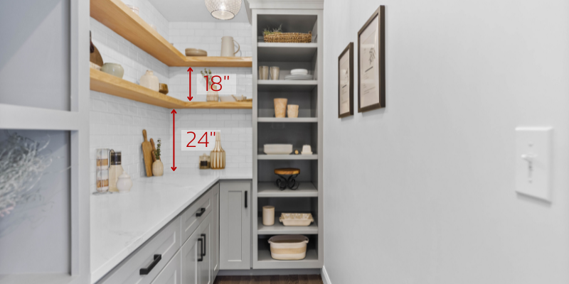 floating shelf installation height, shelves over kitchen counters, floating oak shelves, pantry design ideas, natural wood shelves