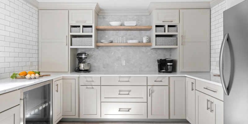 Large walk in pantry with built-in wooden shelving