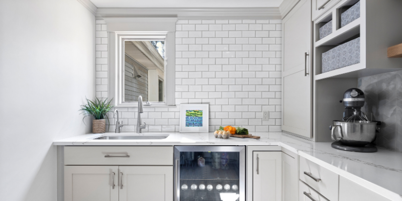 walk in pantry ideas, pantry with refrigerator, Off white trim paint, neutral trim color ideas