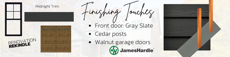 hardie plank siding iron gray, gray slate. Dark siding colors, dark house exterior ideas, siding ideas, house with black trim. Cloplay walnut garage door with arch windows, cedar posts for front porch, front porch ideas