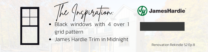 4 over 1 black windows, James hardie black exterior trim Midnight, dark home exterior ideas