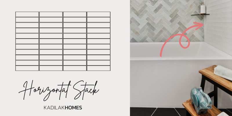 Horizontal stacked subway tile, mixing subway tile, creative tile pattern ideas, white subway tile, back wall of shower herringbone tile, subway tile herringbone pattern, subway tile chevron pattern, herringbone tile in kitchen, herringbone tile in bathroom, subway tile pattern ideas