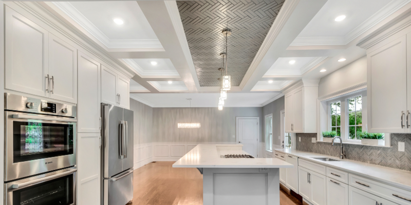 Herringbone conference ceiling painted in Sherwin williams shale