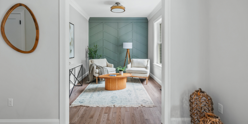 sitting room, chevron accent wall, accent wall ideas, carolina gull benjamin moore
