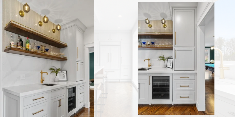 sunlit kitchen renovation wet bar with kohler artifacts bar faucet, inset cabinets, oak shelves with brushed gold rail and ball sconces, built in pantry with coffee maker storage and under counter refrigerator