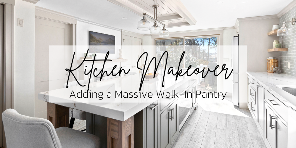 Kitchen renovation with a bright white color scheme, lots of natural lighting, and adding a big walk-in pantry with tons of built-in storage. The kitchen has a huge rectangular island with seating for 5, across from a gas fireplace and a television hanging above it.