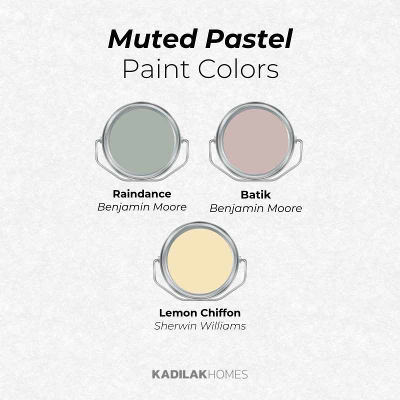 Muted pastel paint color palette featuring Sherwin Williams and Benjamin Moore paints: Raindance, Batik, and Lemon Chiffon. A soft sage green paint color, muted pink / mauve paint color, and a light pastel yellow.