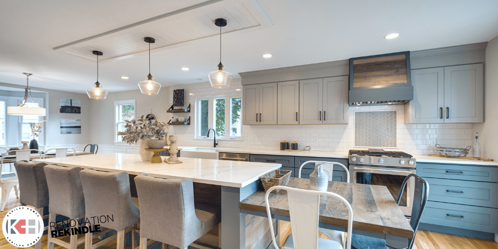 TWO TONE KITCHEN RENOVATION, dark and light gray kitchen cabinets, 2 level kitchen island