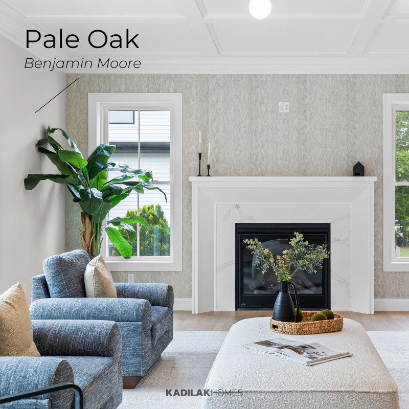 Elegant living room featuring Benjamin Moore Pale Oak OC-22, neutral walls, and light decor. The space includes a modern fireplace, large windows, and a cozy seating area with gray and beige furniture.