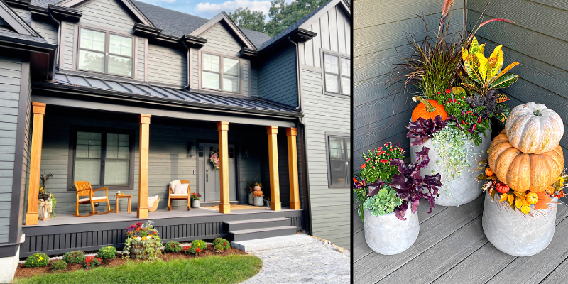 fall front porch ideas, dark house with black trim, porch with wood posts, porch with wood columns, hardie plank siding, house with black windows, front porch idea, cozy outdoor seating, pumpkin decor, front door with wreath, fall wreath ideas, set of planters, sitting area, west elm planter, wood outdoor rocking chairs, porch landscaping ideas with barrel, green artiscapes landscaping billerica ma