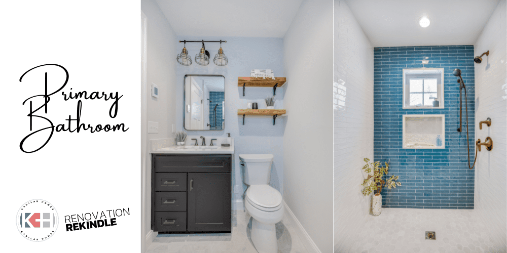 kohler tempered shower, black kohler tempered, primary bathroom, black cabinet, blue subway tile, newport polished blue subway tile