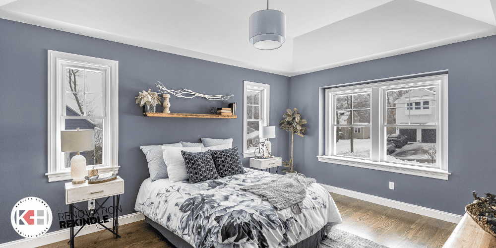 Primary bedroom, tray ceiling, vaulted ceiling, Sherwin Williams gibraltar, white oak floors, harvey windows