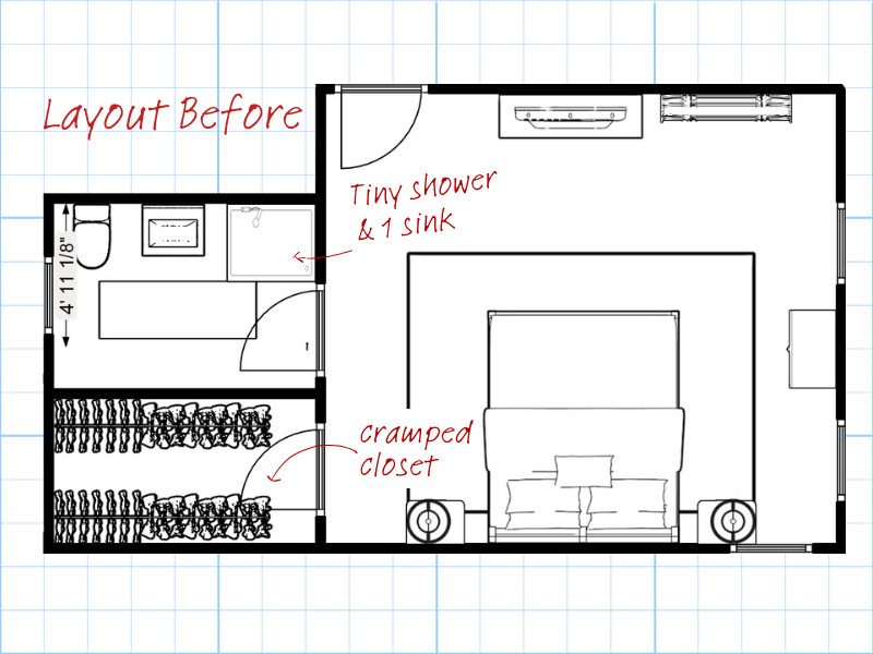 Floor plan of the primary suite layout before renovation, showing a small closet and single-sink bathroom.