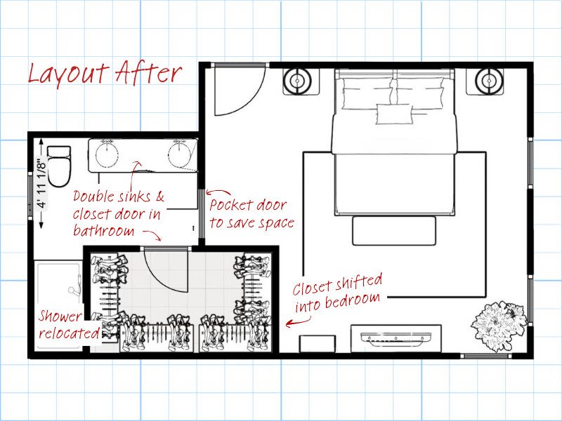 Floor plan of the updated primary suite layout, featuring a larger closet, double sinks, and relocated shower.