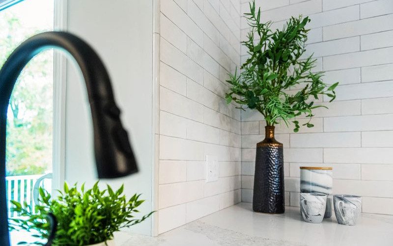 A close-up of kitchen décor featuring a potted plant and black matte faucet, adding warmth and life to the modern design.