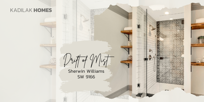Sherwin Williams Drift of Mist SW 9166, a very light greige on the cooler side with hints of yellow. Shown on bathroom walls