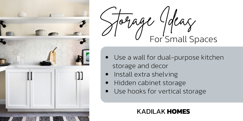 Small space storage and organization ideas for small kitchens, small bathrooms, and small spaces in your home. These include: using a wall for dual-purpose storage and decor, install extra shelving, add hidden cabinets, and use hooks for vertical storage.