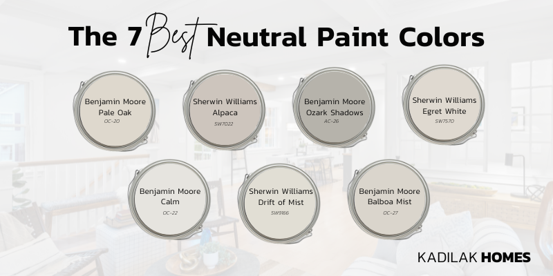 The 7 best neutral paint colors, best neutral paint colors, benjamin moore pale oak oc-20, benjamin moore balboa mist oc-27, sherwin williams drift of mist sw9166, benjamin moore ozark shadows ac-26, benjamin moore calm oc-22, sherwin williams alpaca sw7022, sherwin williams egret white sw7570