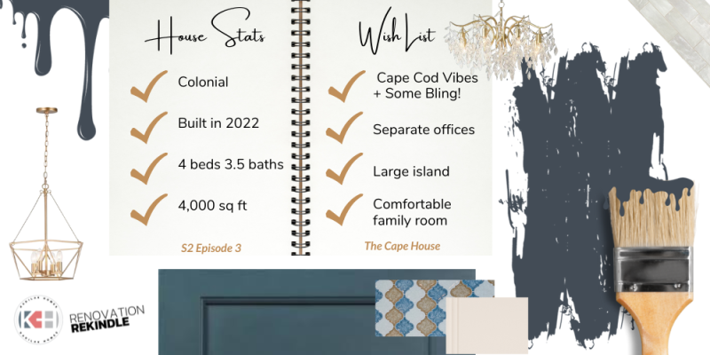 Mood board with deep navy blue colors and gold accents.