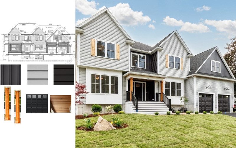 Newly built modern farmhouse with Sterling gray siding, black accents, and natural wood shutters. Featuring board and batten detailing above the garage, black garage doors, and a welcoming front entryway with fir wood ceiling. A stunning example of contemporary exterior design with contrasting colors and textures
