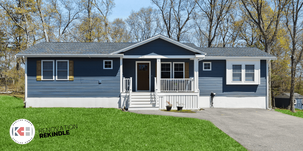 Single story home with Pacific Blue vinyl siding, cedar shutters, front porch, square windows, single story home front porch ideas, single level home with blue siding
