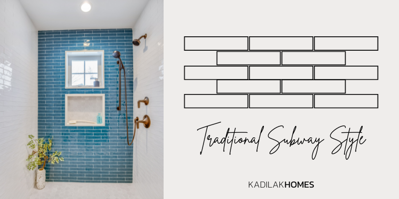 traditional running bond subway tile, mixing colors with subway tile, blue subway tile, subway tile shower ideas, creative subway tile ideas for kitchen and bathroom, tile pattern ideas, shower with window, primary shower tile ideas