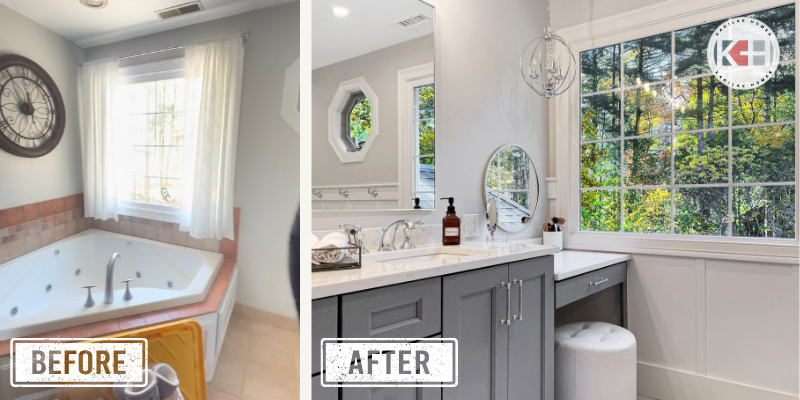 Before and after bathroom renovation, corner jacuzzi tub transformed into a double vanity with his and hers sinks, and a built-in makeup vanity.