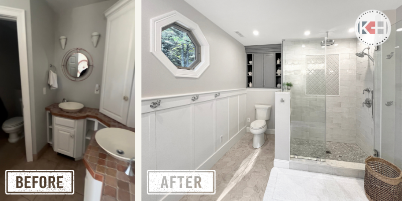 Before and after bathroom renovation opening up the layout by. knocking down the wall, eliminating the water closet, and adding a large walk-in shower.