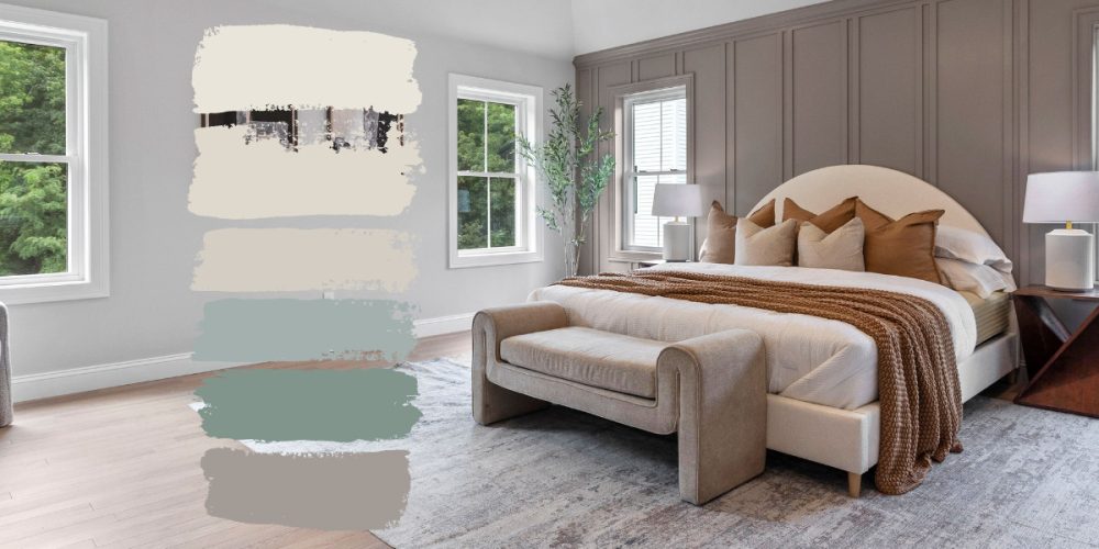 A cozy and neutral bedroom featuring Benjamin Moore Winter Gates on the accent wall and Pale Oak on the surrounding walls. This inviting space blends earthy neutrals with warm textures, layered bedding, and soft lighting, creating a serene and sophisticated retreat.