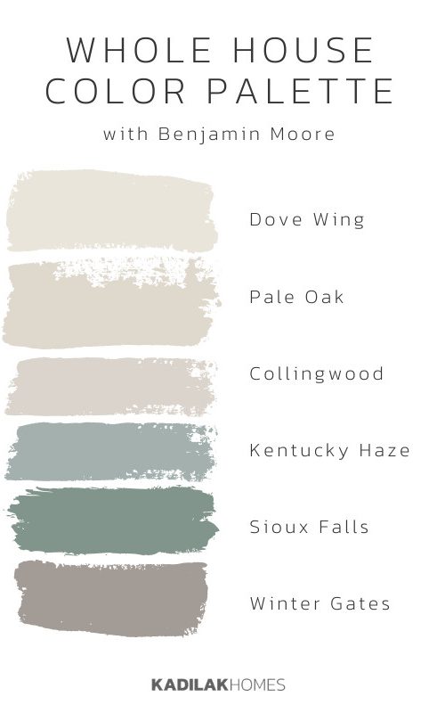 Whole-house color palette featuring Benjamin Moore neutral and earthy paint colors, including Dove Wing, Pale Oak, Collingwood, Kentucky Haze, Sioux Falls, and Winter Gates. This cozy and timeless paint color scheme blends soft greiges, warm whites, and muted greens, perfect for a cohesive home interior.