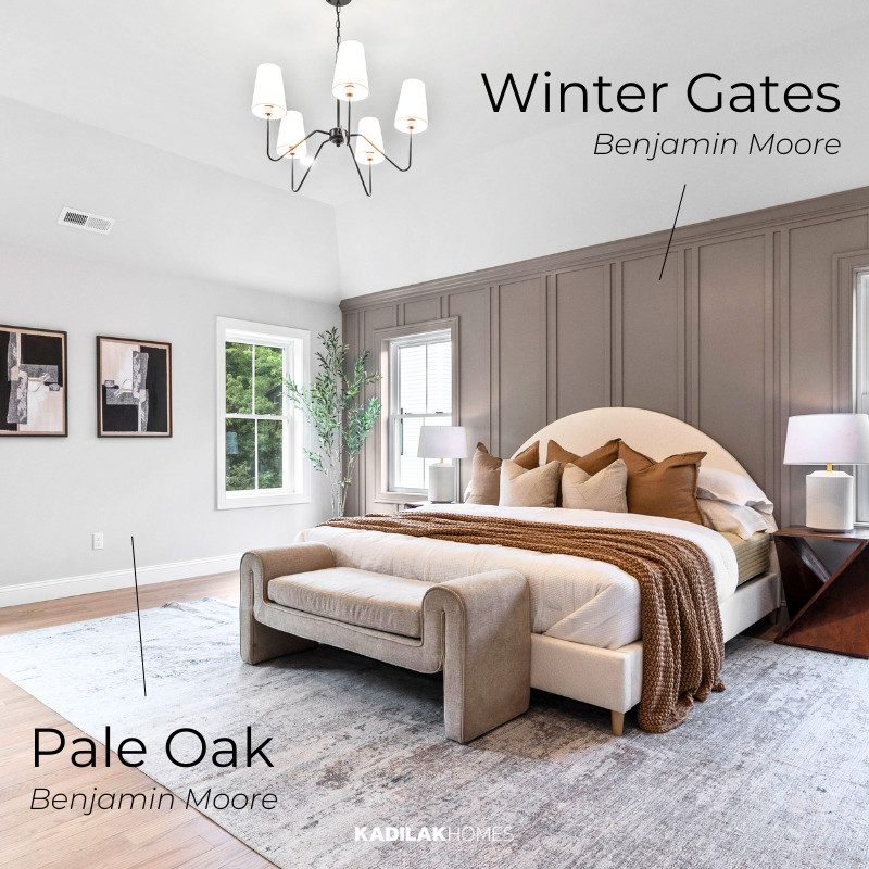Elegant bedroom featuring Benjamin Moore Winter Gates, a warm, earthy taupe on the accent wall, and Pale Oak, a soft greige, on the surrounding walls. This cozy retreat blends neutral paint colors for a bedroom with layered textures, plush bedding, and warm wood tones for a serene and sophisticated look.