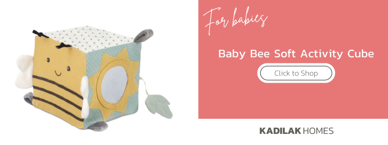baby gift guide, holiday baby gifts, best gifts for babies, soft bee activity cube for babies, yellow and green mon ami cube, loveable baby toys